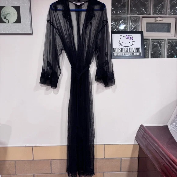 Victoria’s Secret long, sheer, black mesh tulle and lace peignoir robe M/L - Picture 4 of 8